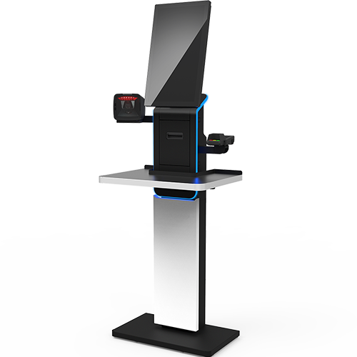 Slim Express SCO produktbild som visar produkten framifrån. Produkten är vit och svart med lysande blått ljus.